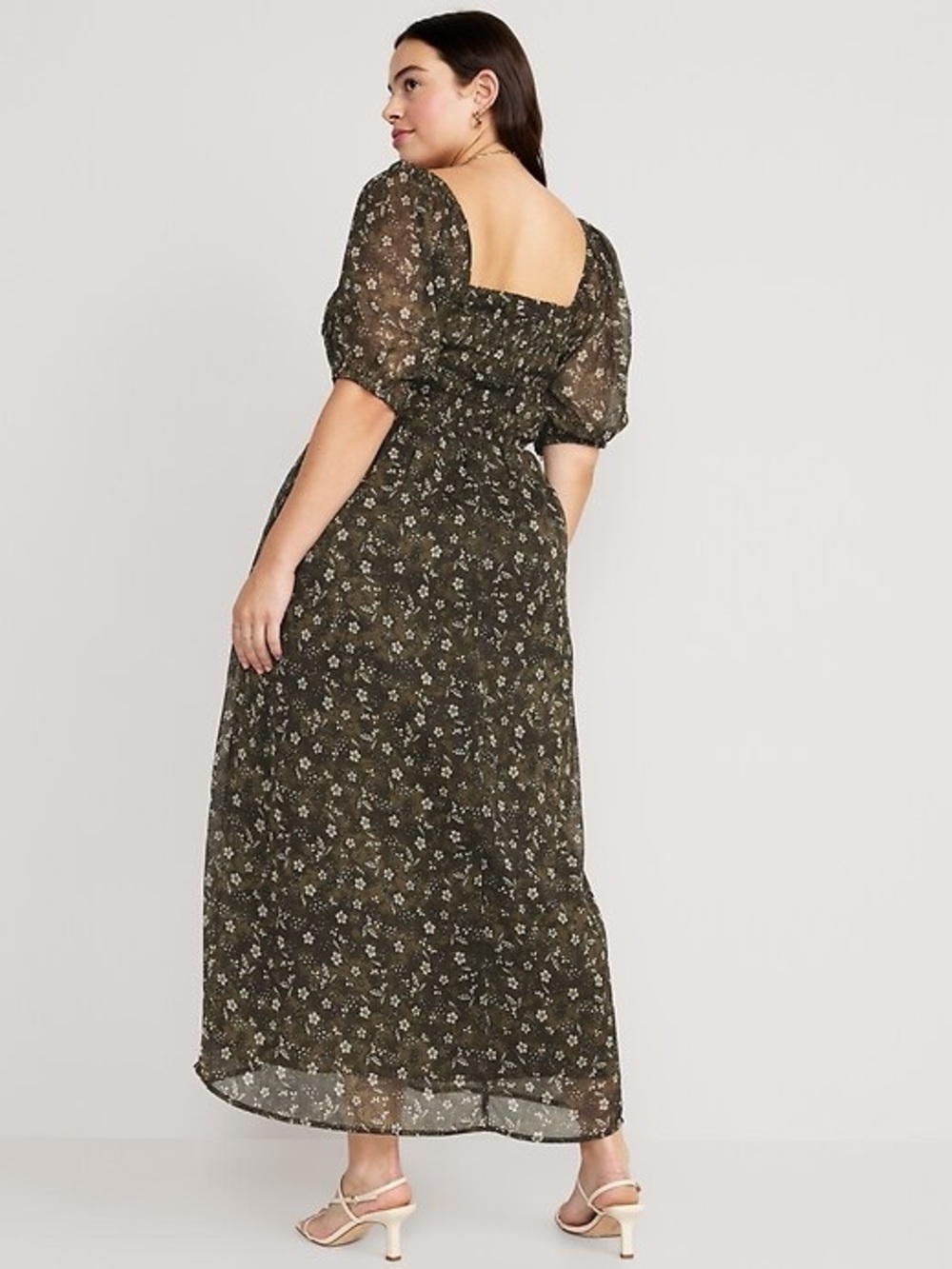 Old Navy Fit and Flare Smocked Olive Ditsy Floral Maxi Dress with Pockets